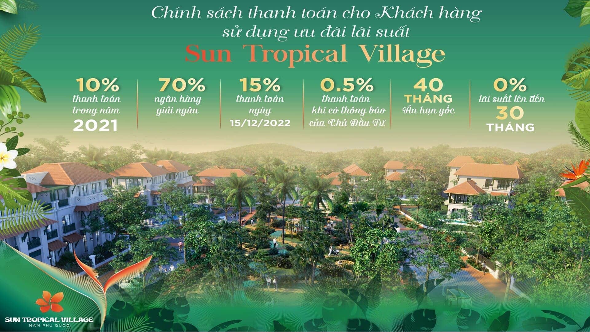Chính sách hỗ trợ lãi suất 0% và ân hạn nợ gốc từ ngân hàng giúp chủ nhân biệt thự Sun Tropical Village tối ưu hóa dòng tiền và an tâm đầu tư nghỉ dưỡng lâu dài. Chính sách hỗ trợ vay ngân hàng mang đến ưu đãi lãi suất 0%, ân hạn nợ gốc dài hạn, giúp khách hàng tối ưu dòng vốn đầu tư hiệu quả.