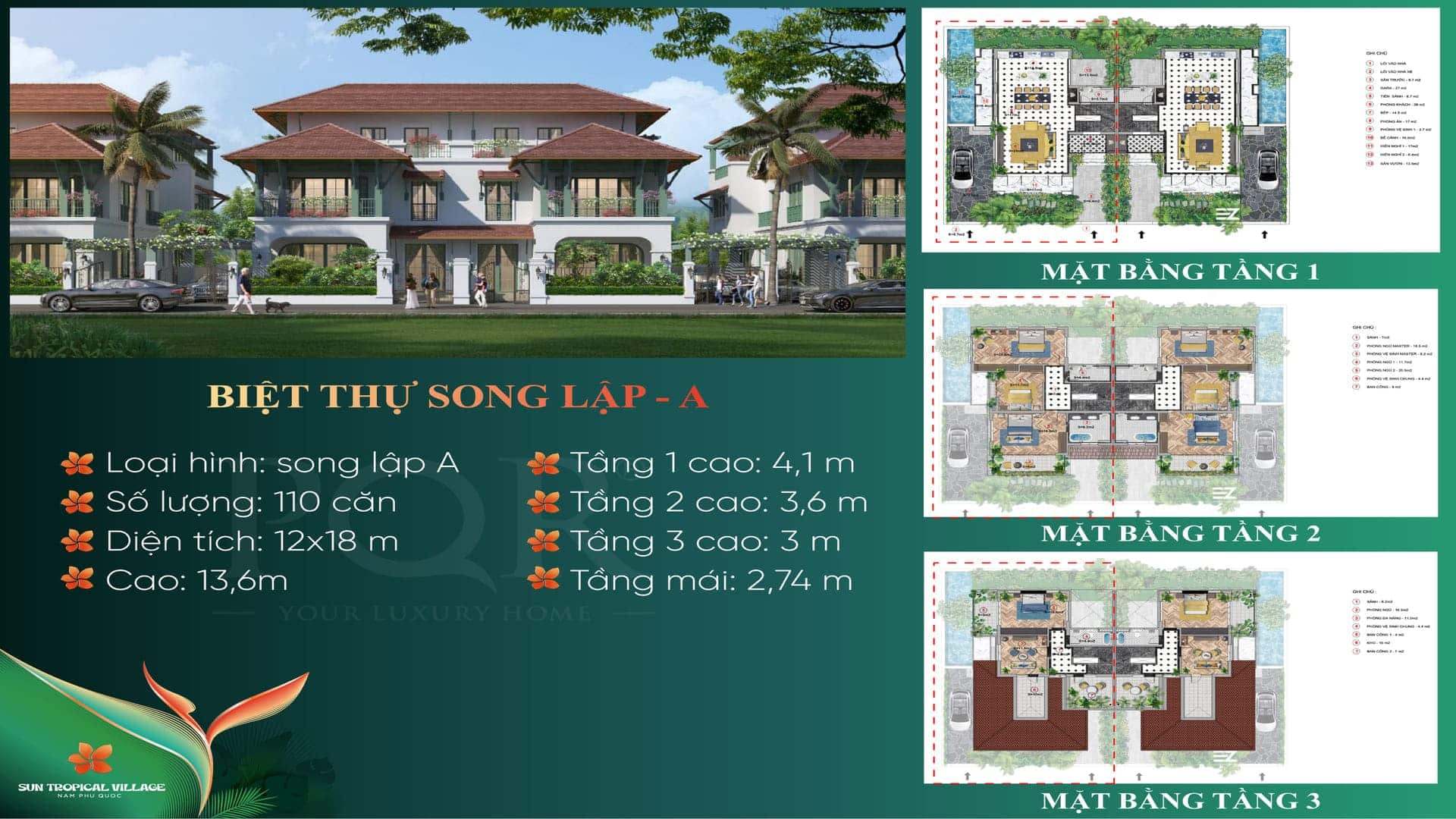Layout biệt thự song lập Sun Tropical Village bài trí không gian mở thông thoáng, kết nối linh hoạt giữa phòng khách, bếp và sân vườn xanh mát bao quanh căn nhà. Layout biệt thự song lập Sun Tropical Village bài trí công năng tối ưu, kết nối linh hoạt giữa các phòng chức năng và sân vườn.