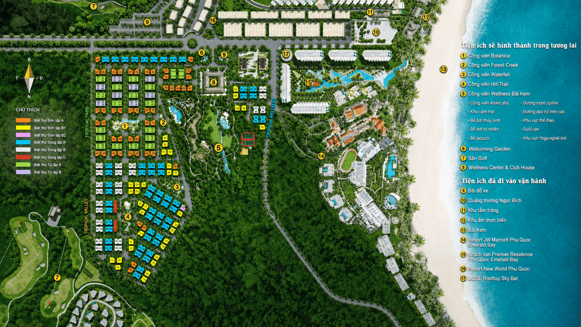 Sơ đồ quy hoạch tiện ích Sun Tropical Village thể hiện vị trí chiến lược của 5 công viên nhiệt đới và Wellness Center, mang đến lối sống chăm sóc sức khỏe toàn diện cho cư dân. Sun Tropical Village sở hữu hệ thống tiện ích Wellness đẳng cấp, chăm sóc sức khỏe toàn diện giữa thiên nhiên xanh mát Bãi Kem.