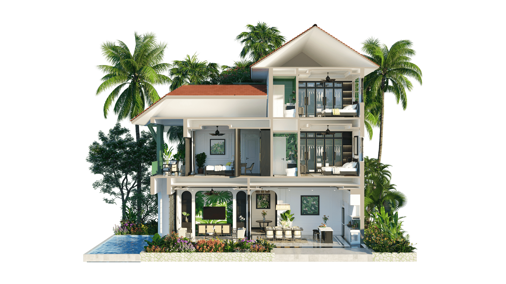 Mặt cắt đứng biệt thự đơn lập Sun Tropical Village thể hiện rõ cấu trúc tầng thoáng đãng, chiều cao trần tối ưu cùng hệ mái dốc giúp thoát nước và cách nhiệt hiệu quả. Mặt cắt đứng biệt thự đơn lập Sun Tropical Village thể hiện rõ cấu trúc tầng thoáng đãng và giải pháp thông gió cách nhiệt tối ưu.