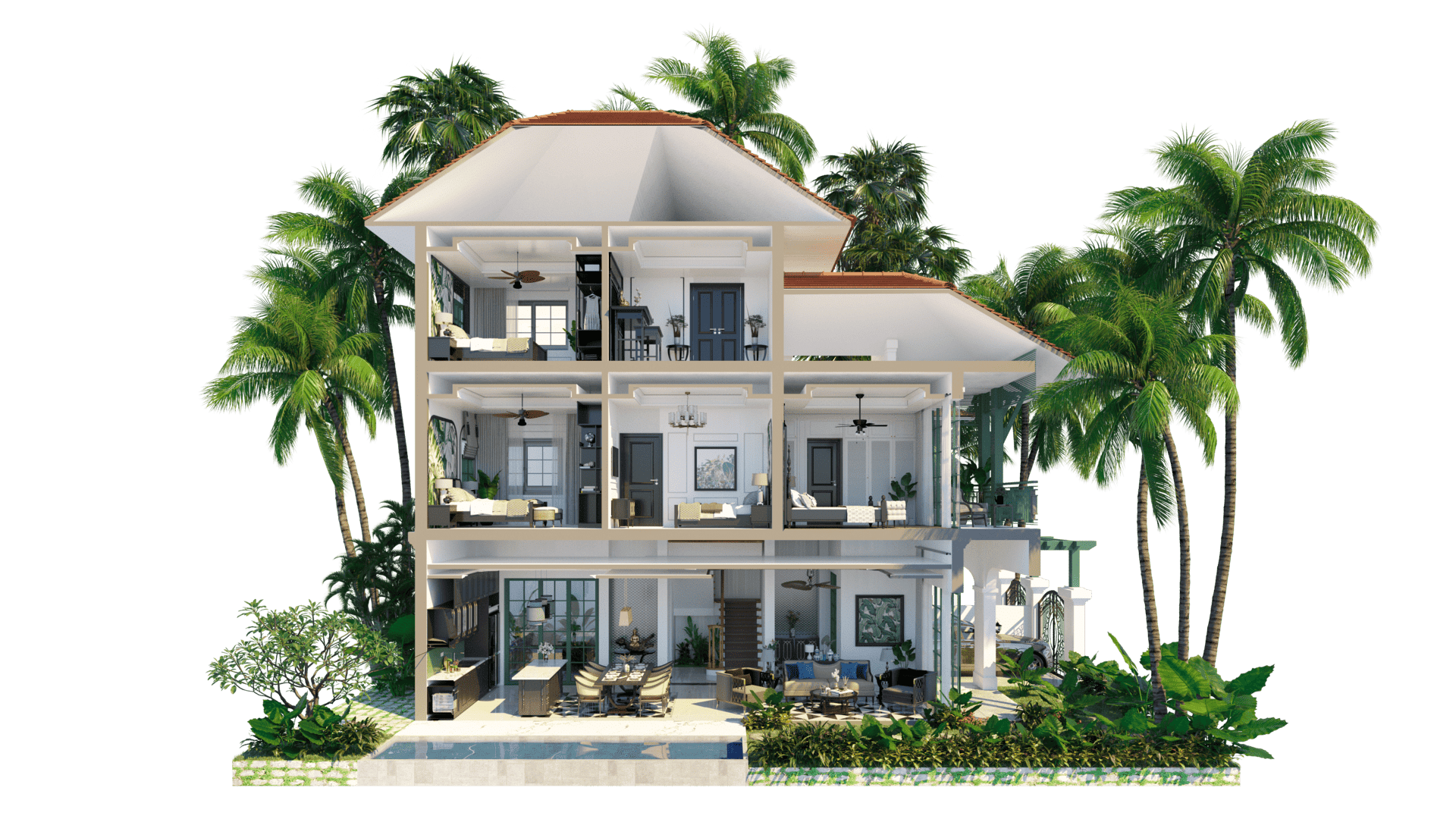 Bản vẽ mặt cắt đứng biệt thự song lập Sun Tropical Village mô tả chi tiết độ cao các tầng, sự kết nối không gian linh hoạt và giải pháp thông gió tự nhiên vượt trội. Mặt cắt đứng biệt thự song lập Sun Tropical Village thể hiện rõ độ cao các tầng và thiết kế đón gió tự nhiên vượt trội.