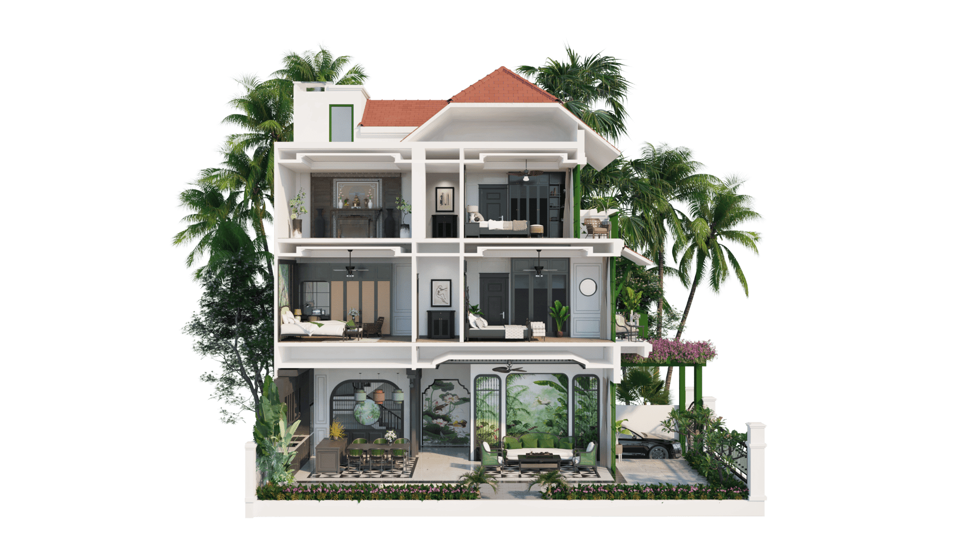 Chi tiết mặt cắt đứng biệt thự tứ lập Sun Tropical Village thể hiện sự cân đối về hình khối, tối ưu hóa công năng sử dụng theo chiều cao cho từng khu vực sống. Mặt cắt đứng biệt thự tứ lập Sun Tropical Village thể hiện sự cân đối hình khối và tối ưu hóa công năng theo chiều cao.